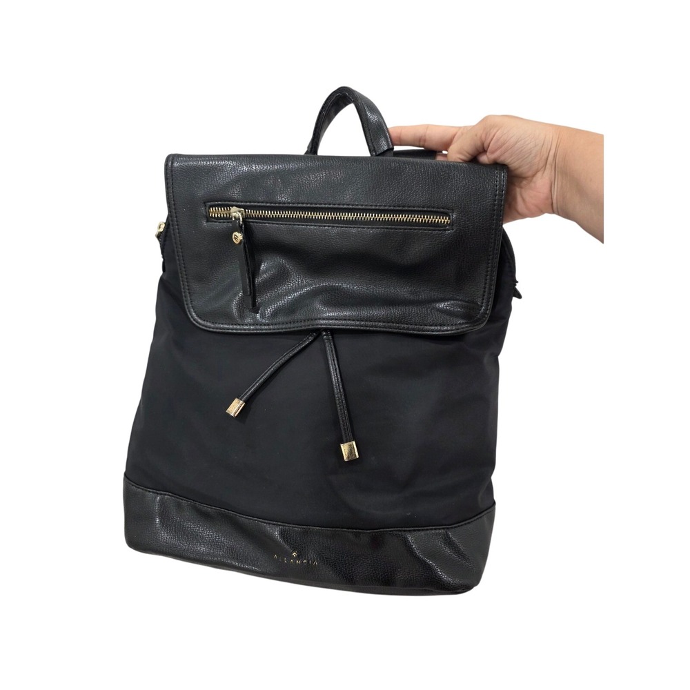 A Garcia Black Nylon Leather Trim Drawstring Backpack Bag Gold Accents